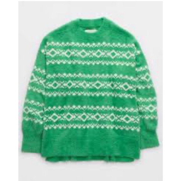 NWT Aerie Flurry Oversized Crew Neck Green White Sweater Size Medium‎ - Picture 1 of 10